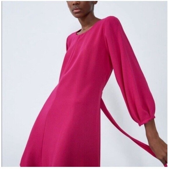 Zara Mini Dress Women Size S Fuchsia Long Balloon Sleeves Tunic Tie Waist - Picture 3 of 15